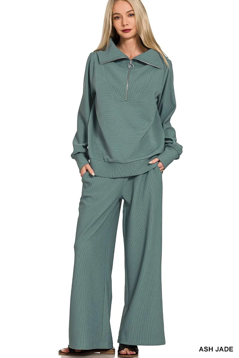 Zenana Ash Jade Ribbed High Neck Half Zip Pullover & Pants Set