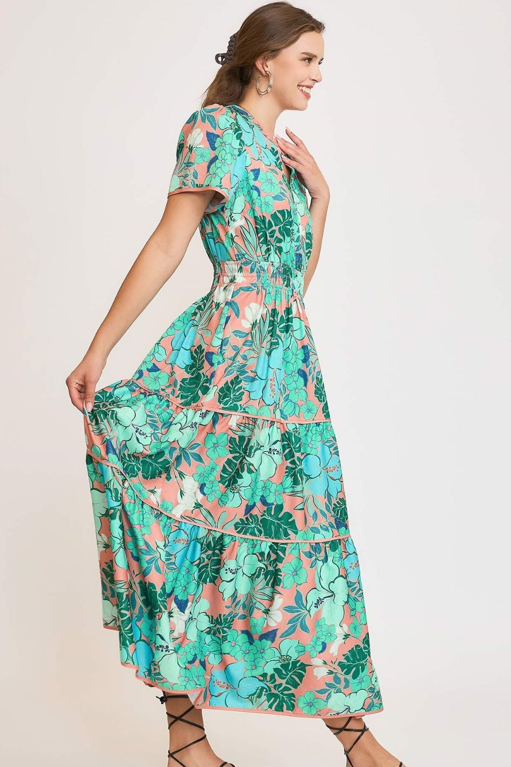 Umgee Teal Printed Notched Short Sleeve Tiered Maxi Dress