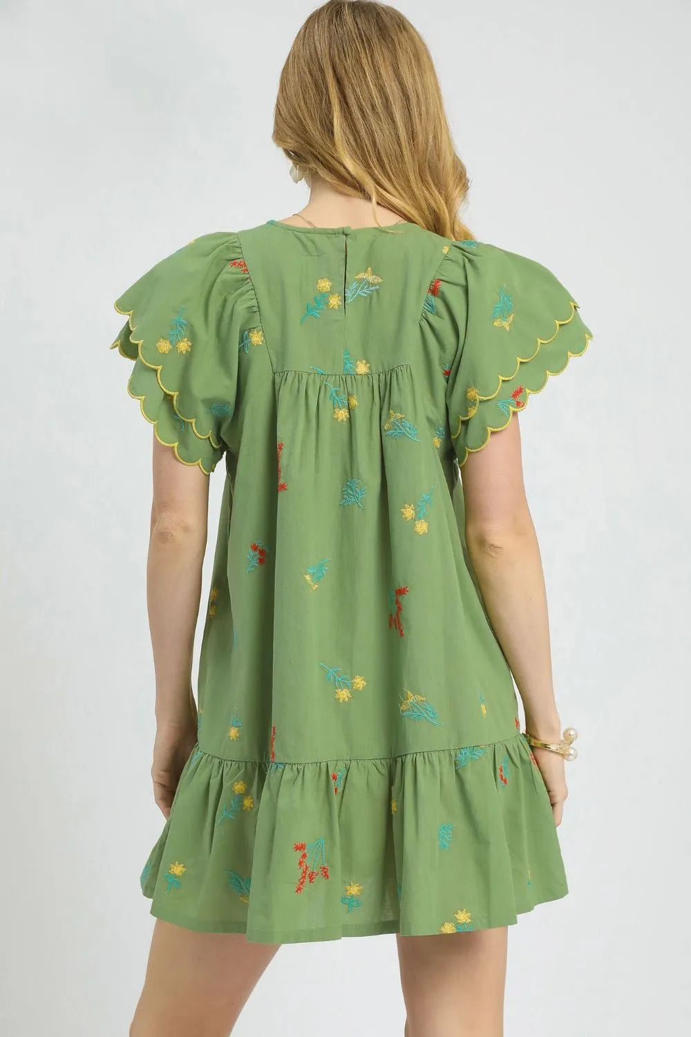 Umgee Green Floral Embroidered Short Flutter Sleeve Mini Dress