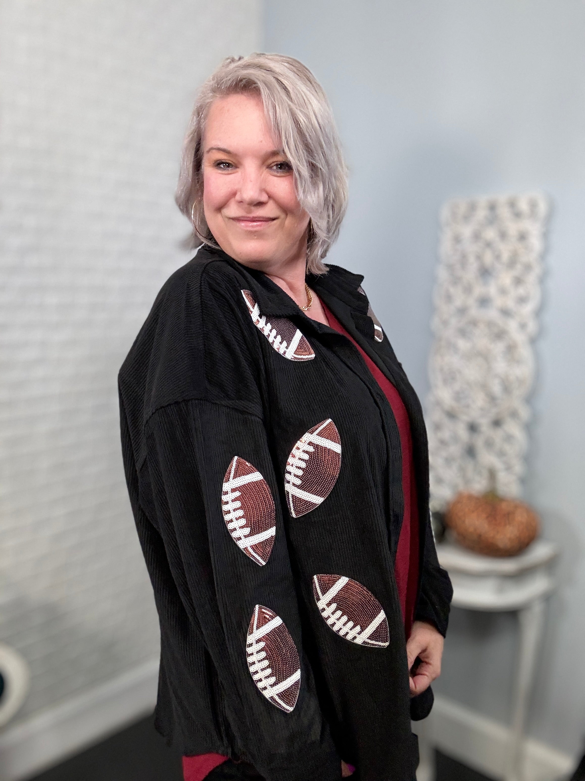 Preorder: Ruby Idol Sequin Football Black Button Up Long Sleeve Corduroy Jacket Shirts & Tops