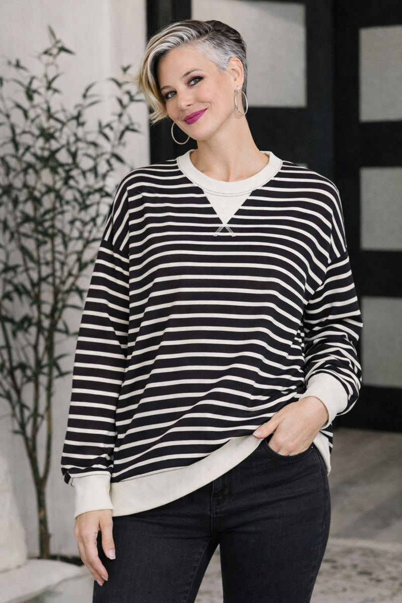 Zenana Black Contrast Striped Round Neck Sweatshirt