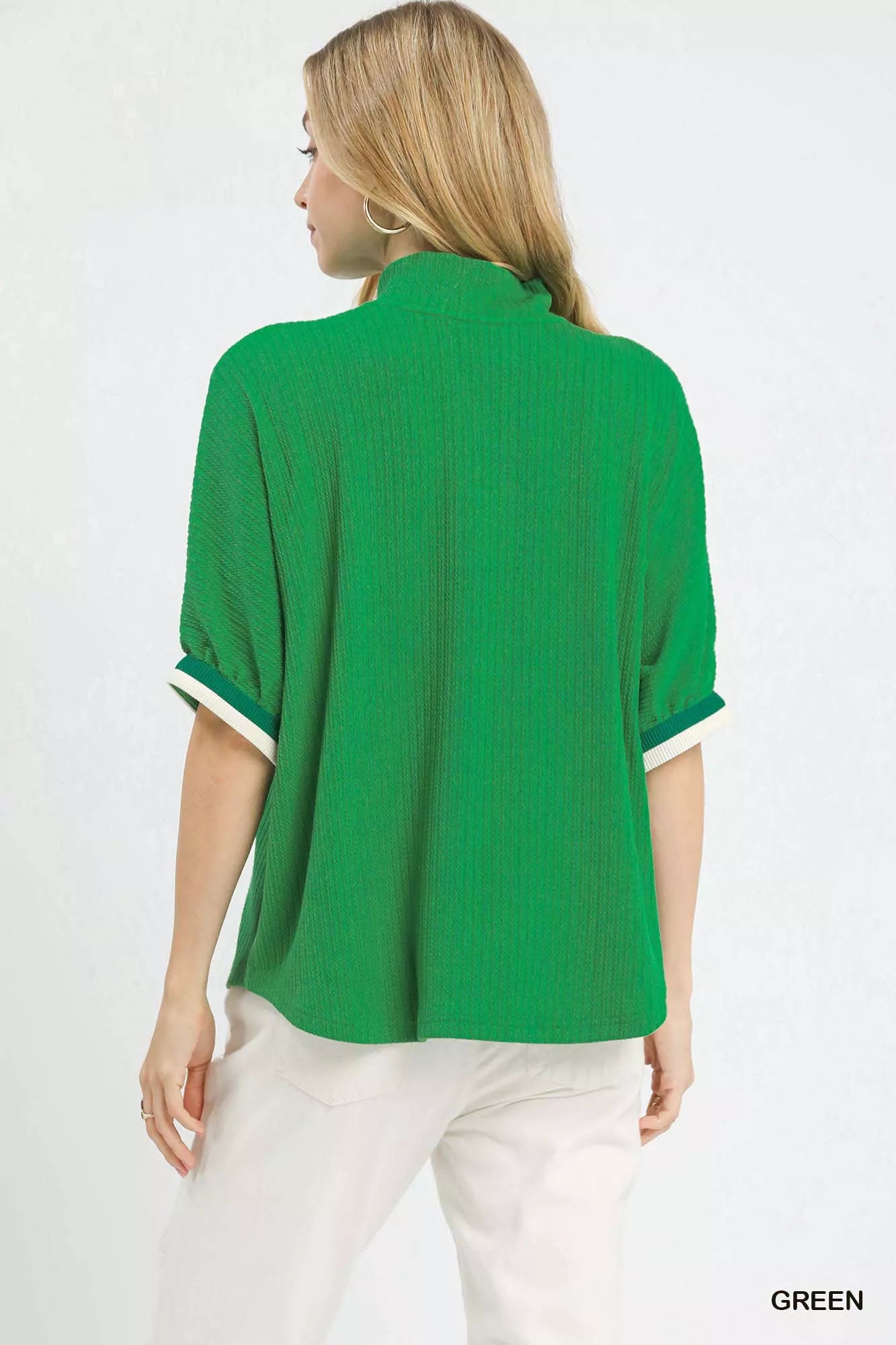 Umgee Green Textured Knit Top with Striped Contrast Trim