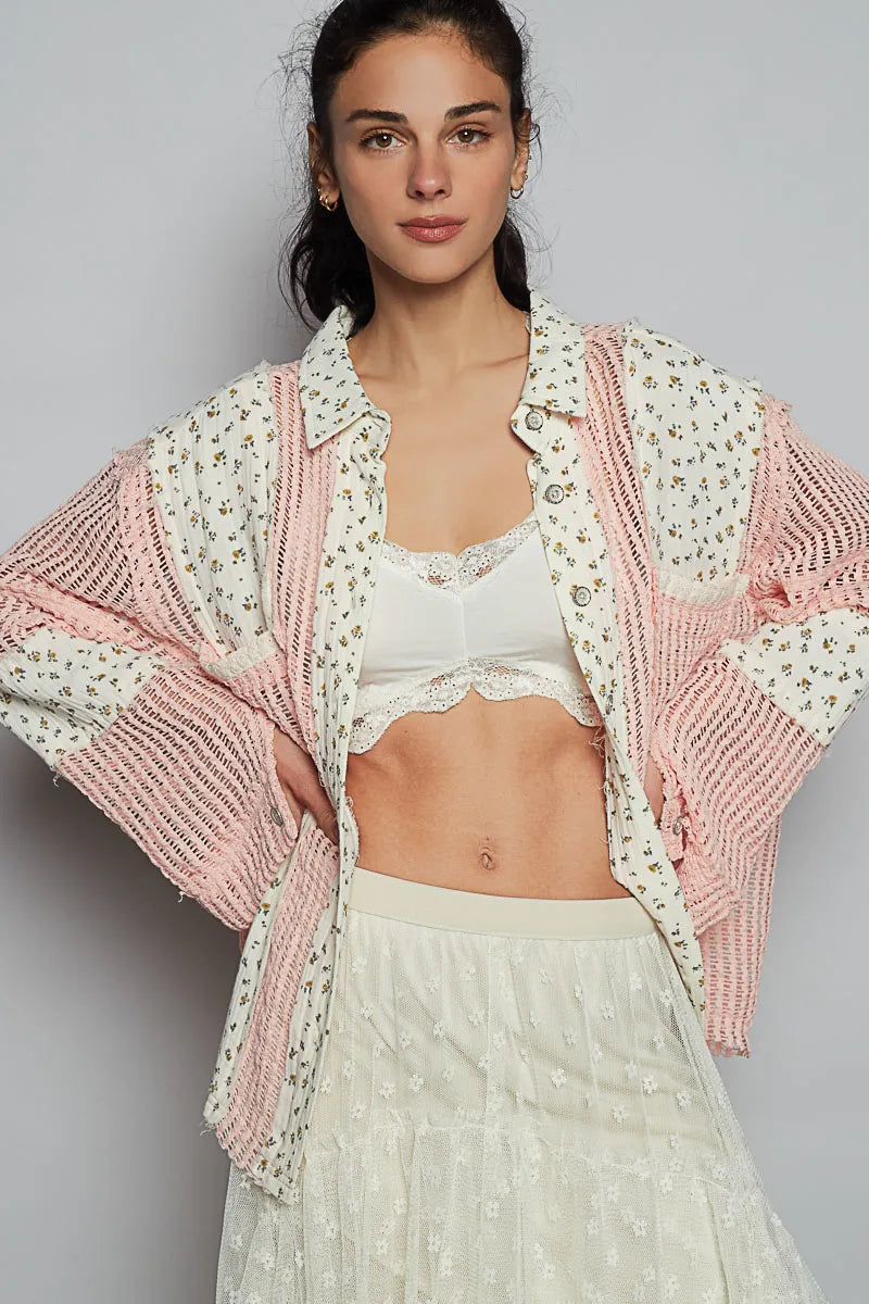 POL Floral Crochet Patchwork Long Sleeve Shirt PEACH FLORAL