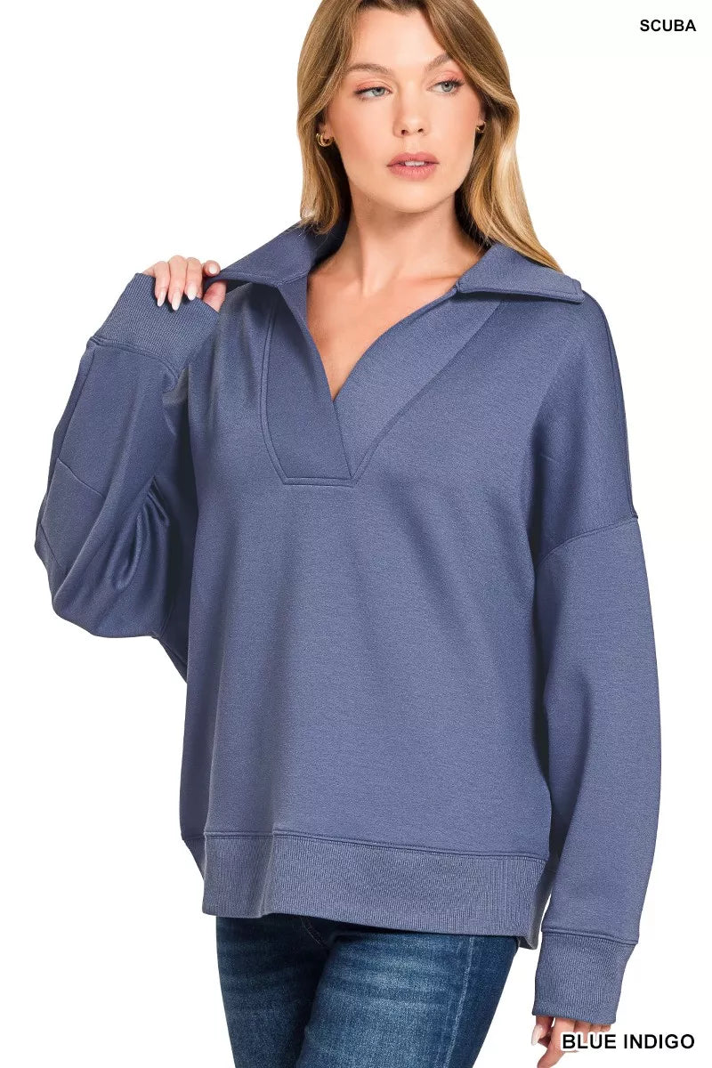 Zenana Blue Indigo Scuba Collared Pullover and Pants Set