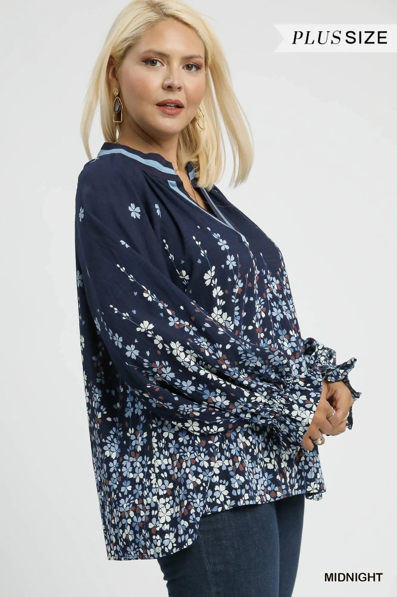Umgee Midnight Floral Vine Print Blouse with Balloon Sleeves