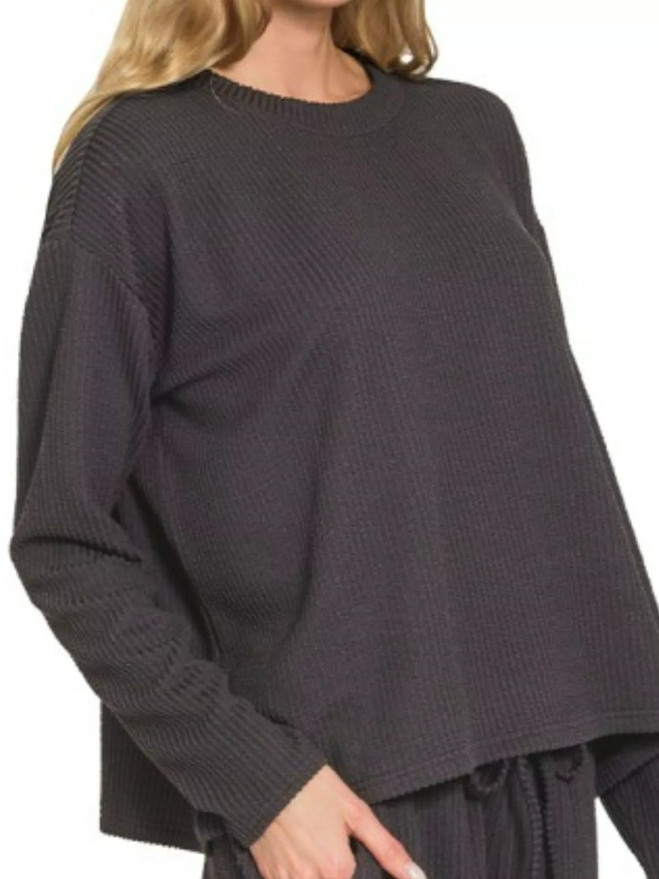 Zenana Black Corded Rib Long Sleeve Tee and Shorts Set