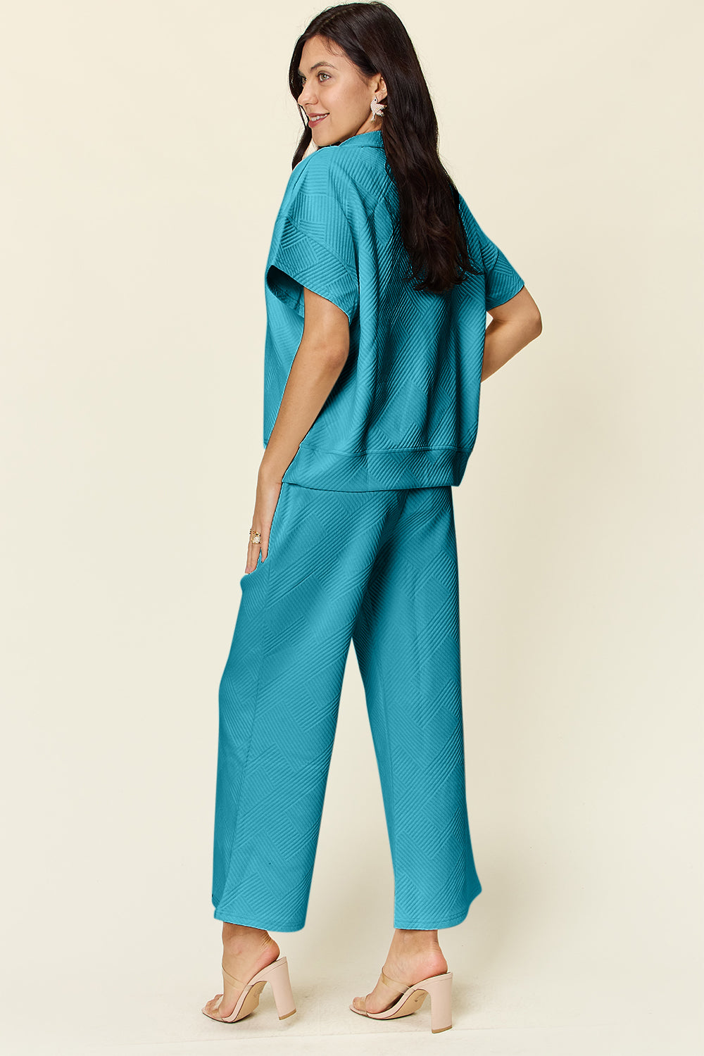 Double Take Quilted Textured Half Zip Short Sleeve Top and Pants Set Sets