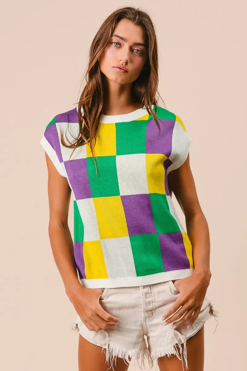 BiBi Mardi Gras Checker Pattern Sleeveless Sweater Top OFF WHITE