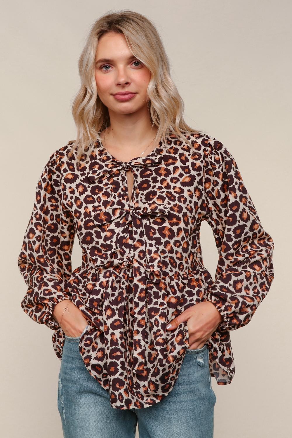 Haptics Leopard Print Front Ribbon Bow Tie Babydoll Woven Blouse