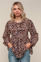 Haptics Leopard Print Front Ribbon Bow Tie Babydoll Woven Blouse