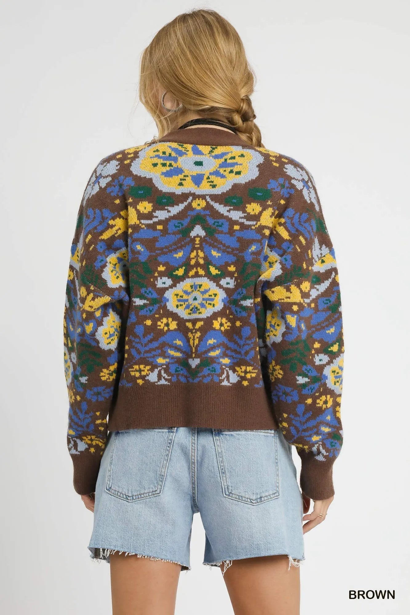 Umgee Brown Floral Knit Button-Up Cardigan