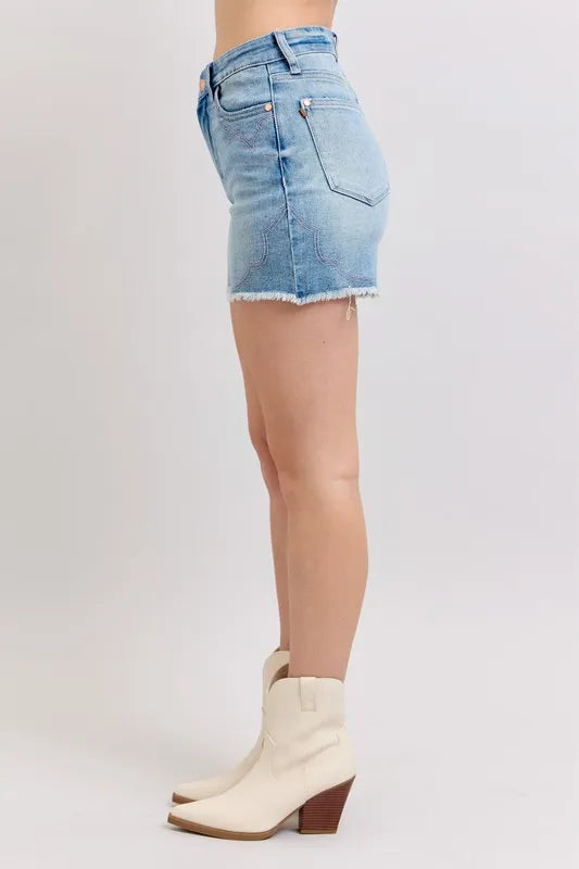 Judy Blue High Waist Western Pink Embroidery Detail Cut Off Denim Shorts