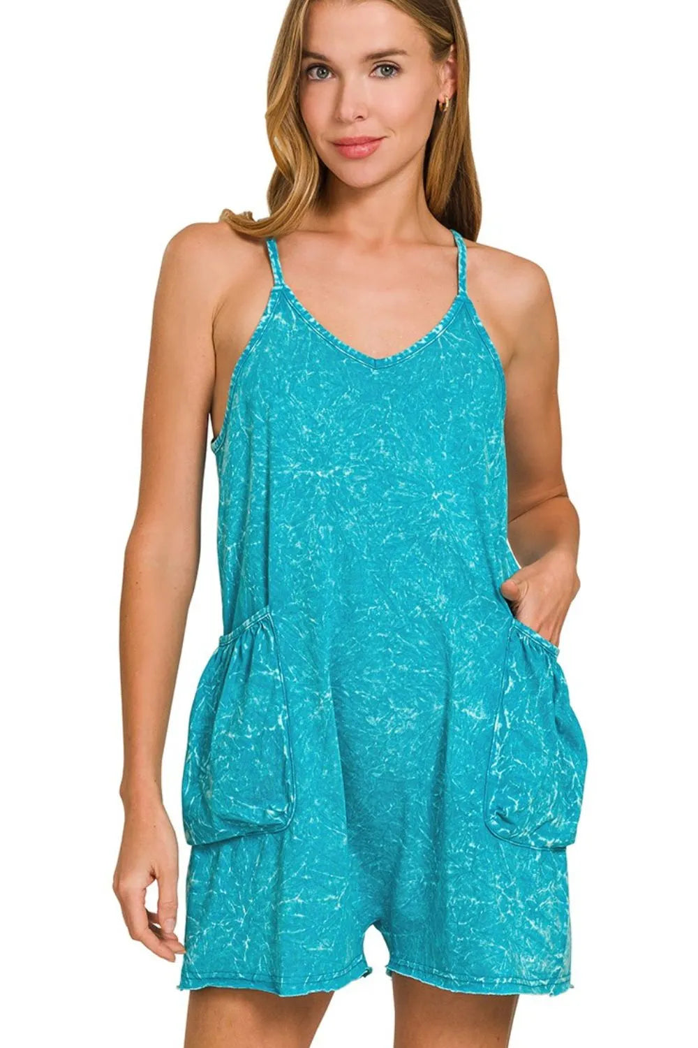 Zenana Light Teal Acid Crinkle Washed Spaghetti Strap Romper LT TEAL