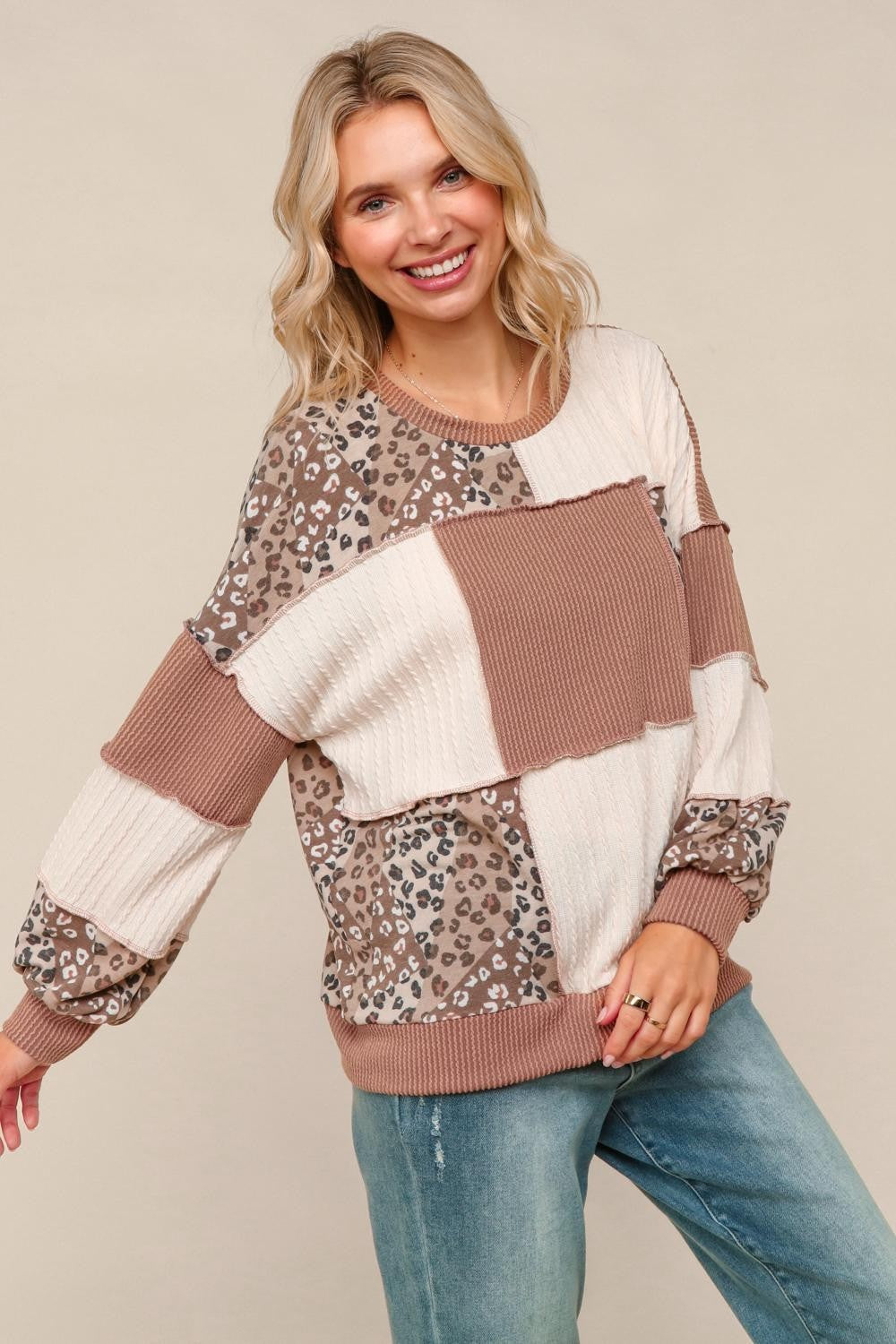 Haptics Taupe Ribbed Leopard Print Cable Knit Sweater