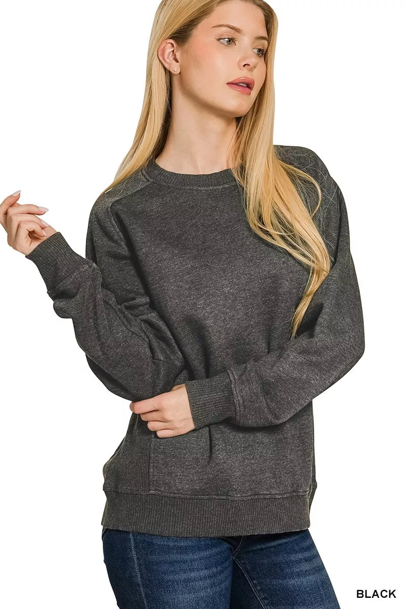 Zenana Black Acid Washed Fleece Sweatshirt with Side Rib