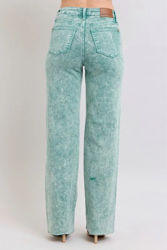 Judy Blue Sea Green High Waist Garment Dyed Raw Hem Dad Jeans