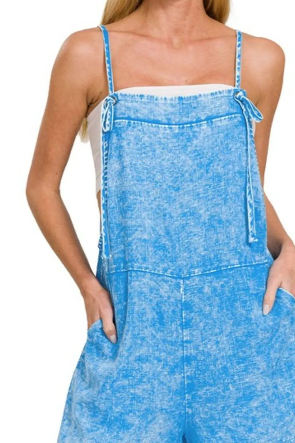 Zenana Deep Sky Washed Linen Knot Strap Romper