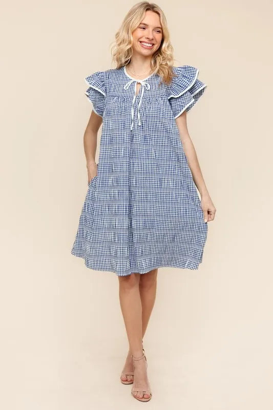 Haptics Navy Plaid Double Ruffle Sleeve Dress with Side Pockets
