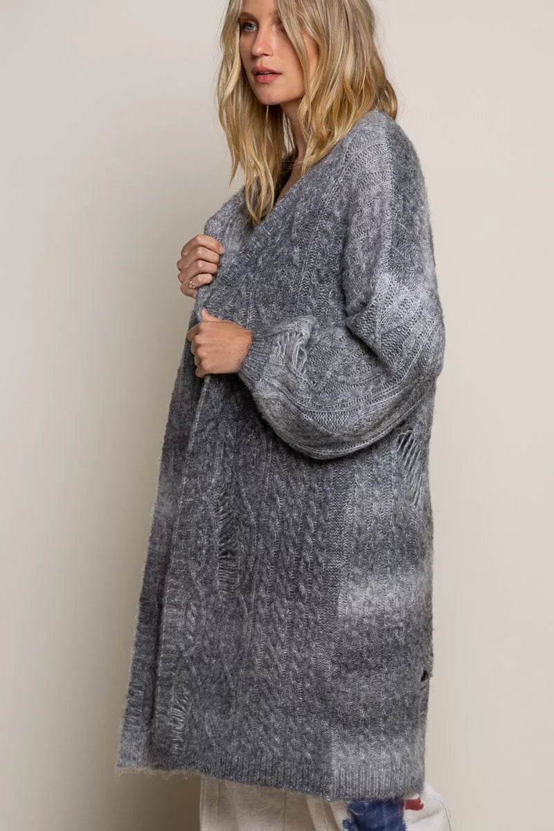 POL Distressed Cable-Knit Ombre Dying Cardigan