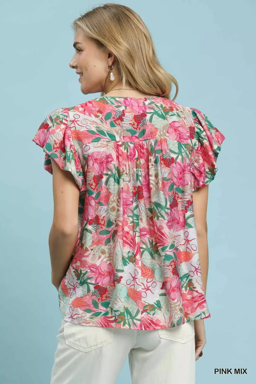 Umgee Pink Mix Tropical Print Blouse with Ruffle Cap Sleeves