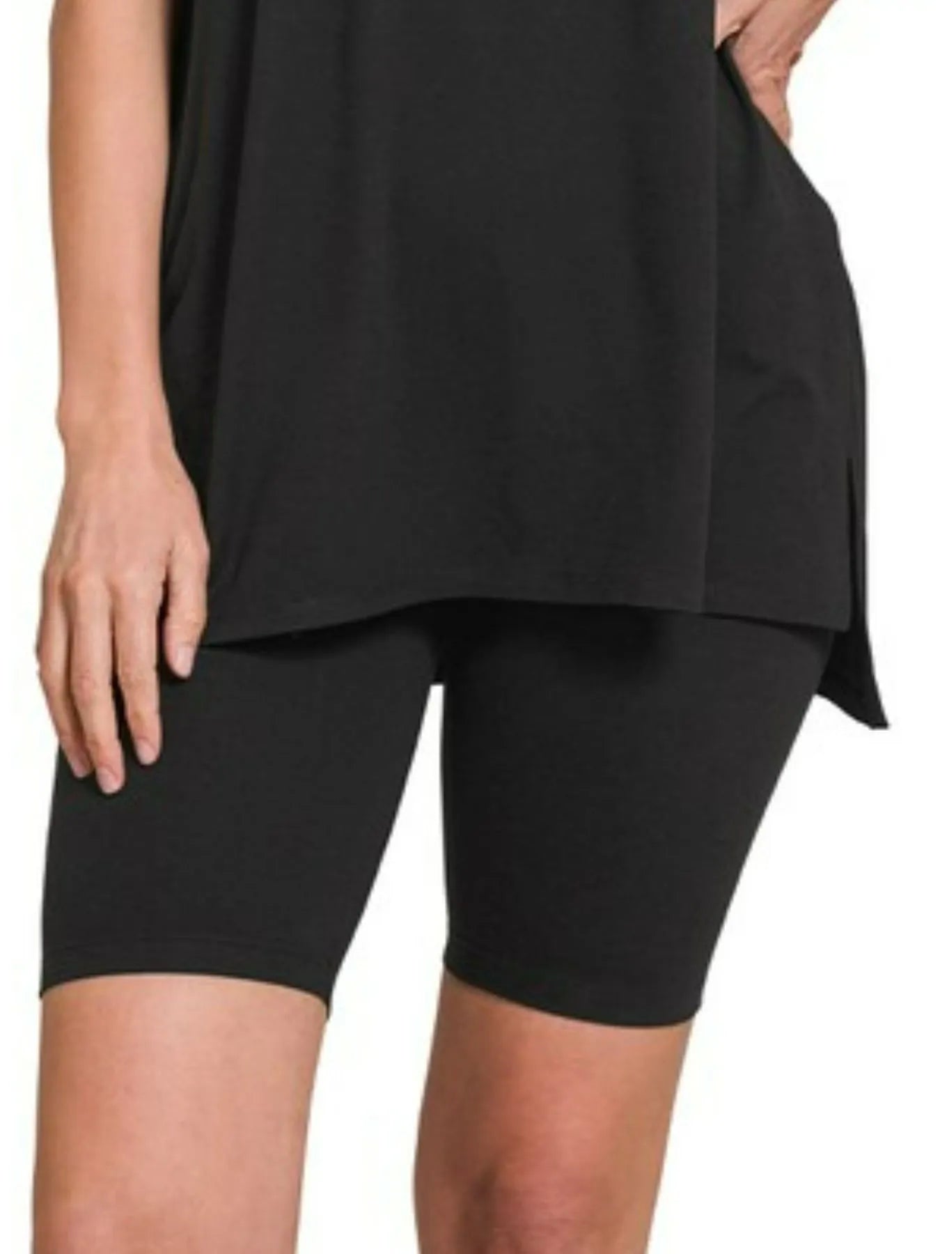 Zenana Black Brushed Dty Microfiber Round Neck Top and Biker Shorts Set
