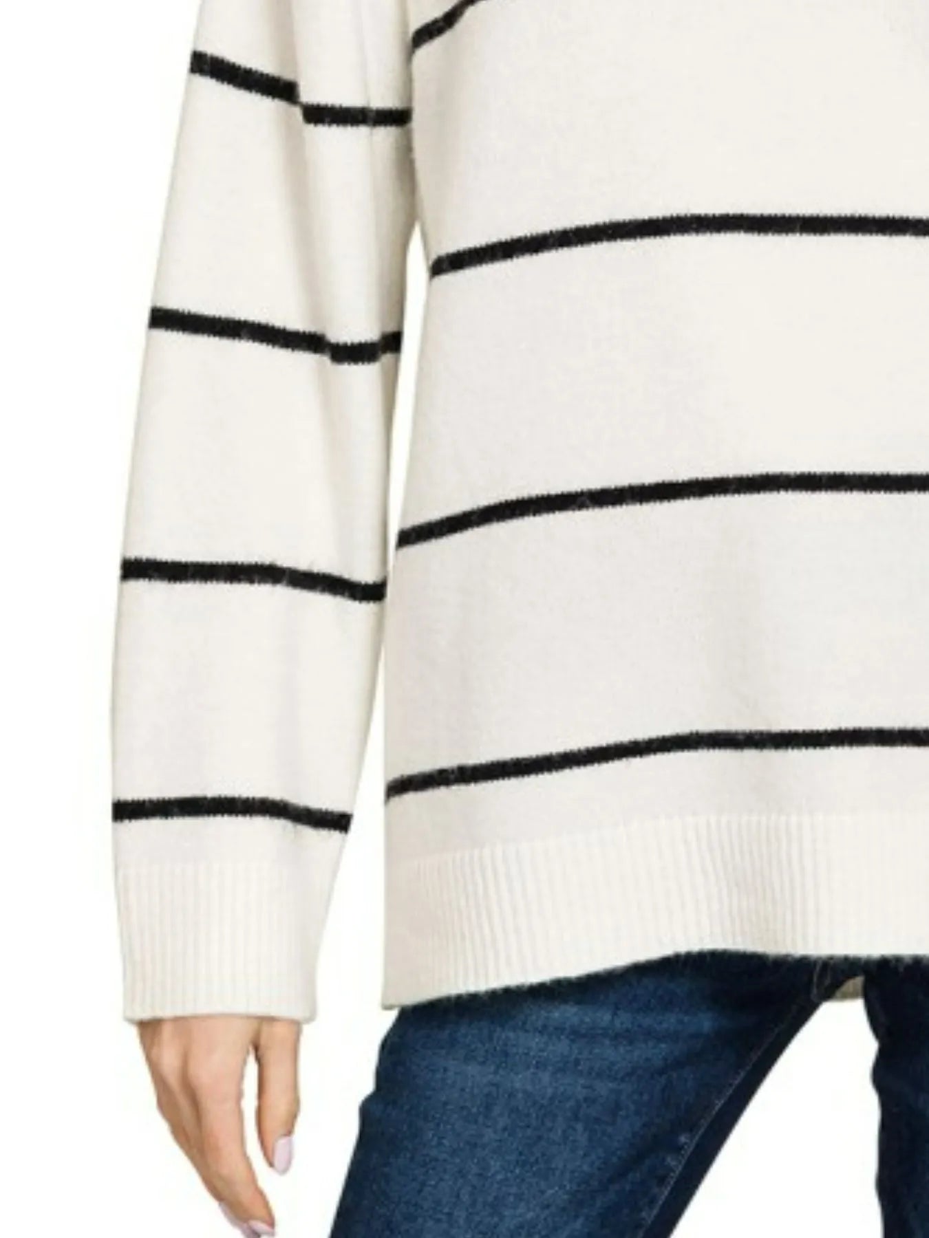 Zenana Ivory & Black Round Neck Stripe Sweater