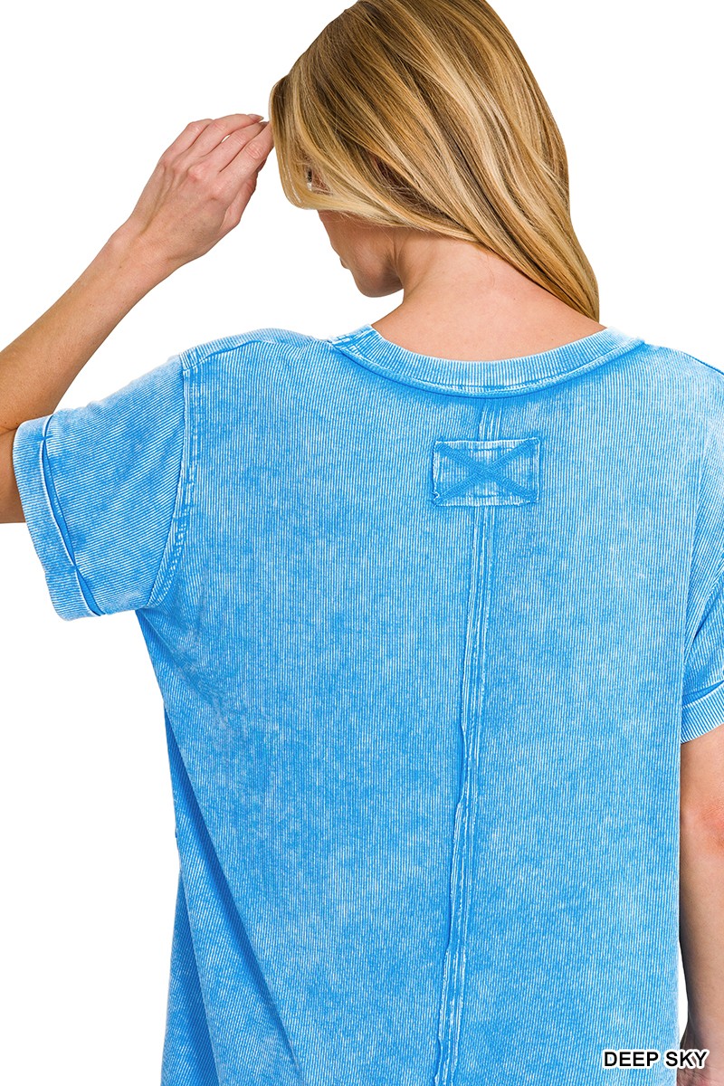Zenana Deep Sky Washed Ribbed Cuffed Short Sleeve Round Neck Top