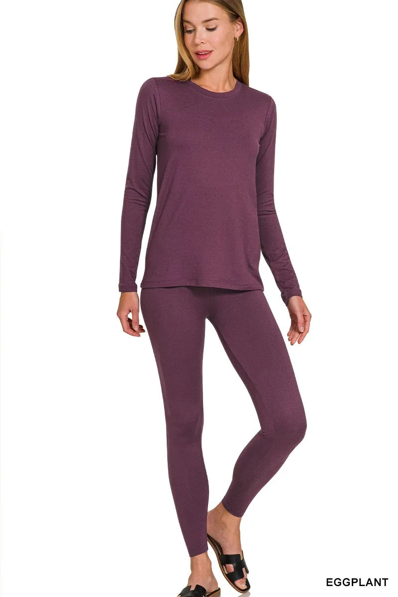 Zenana Eggplant Microfiber Round Neck Top and Leggings Set
