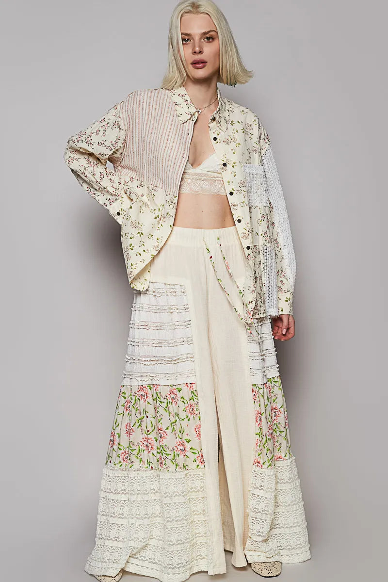 POL Lace Patchwork Floral Button-Up Long Sleeve Shirt