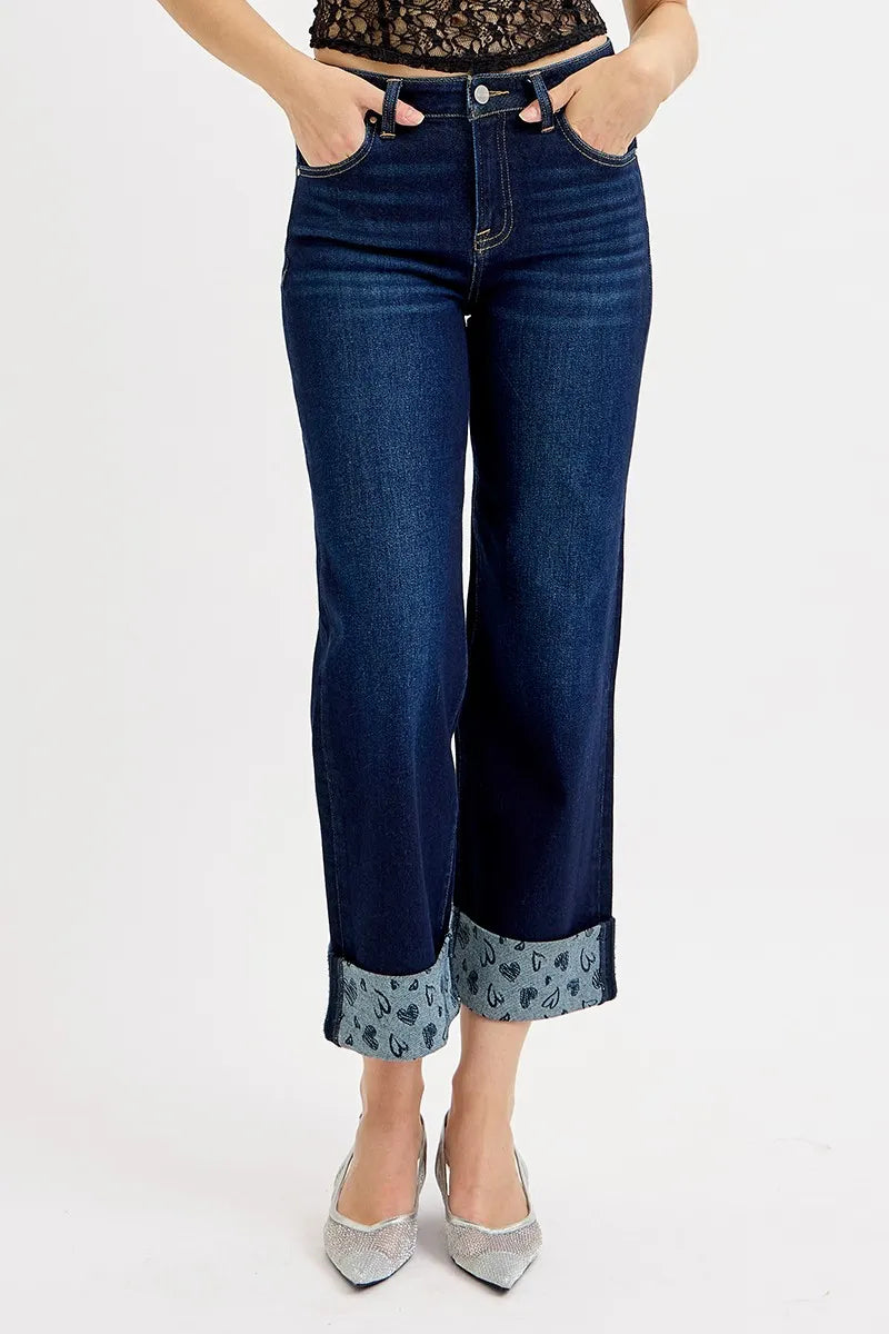 RISEN Mid Rise Fit Crop Wide With Heart Printed Cuff Jeans