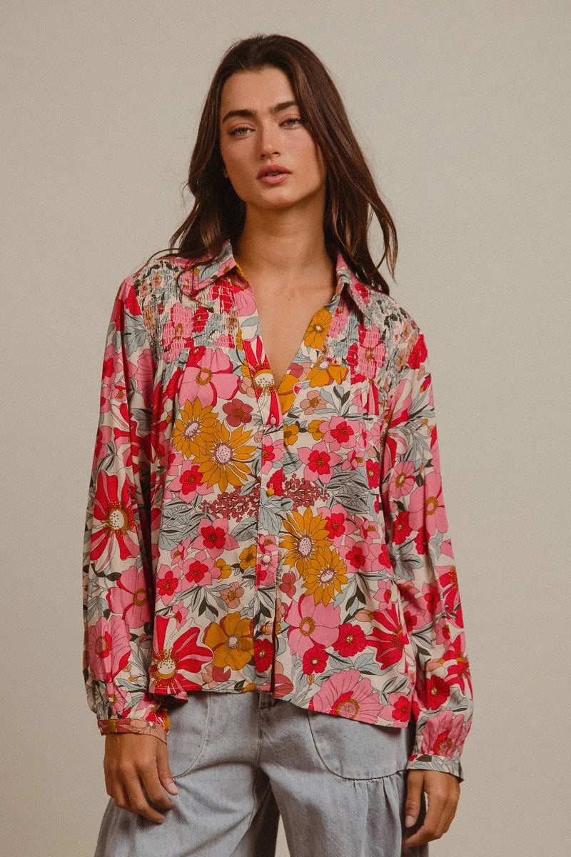 BiBi Woven Floral Printed Long Sleeve Blouse ROSE
