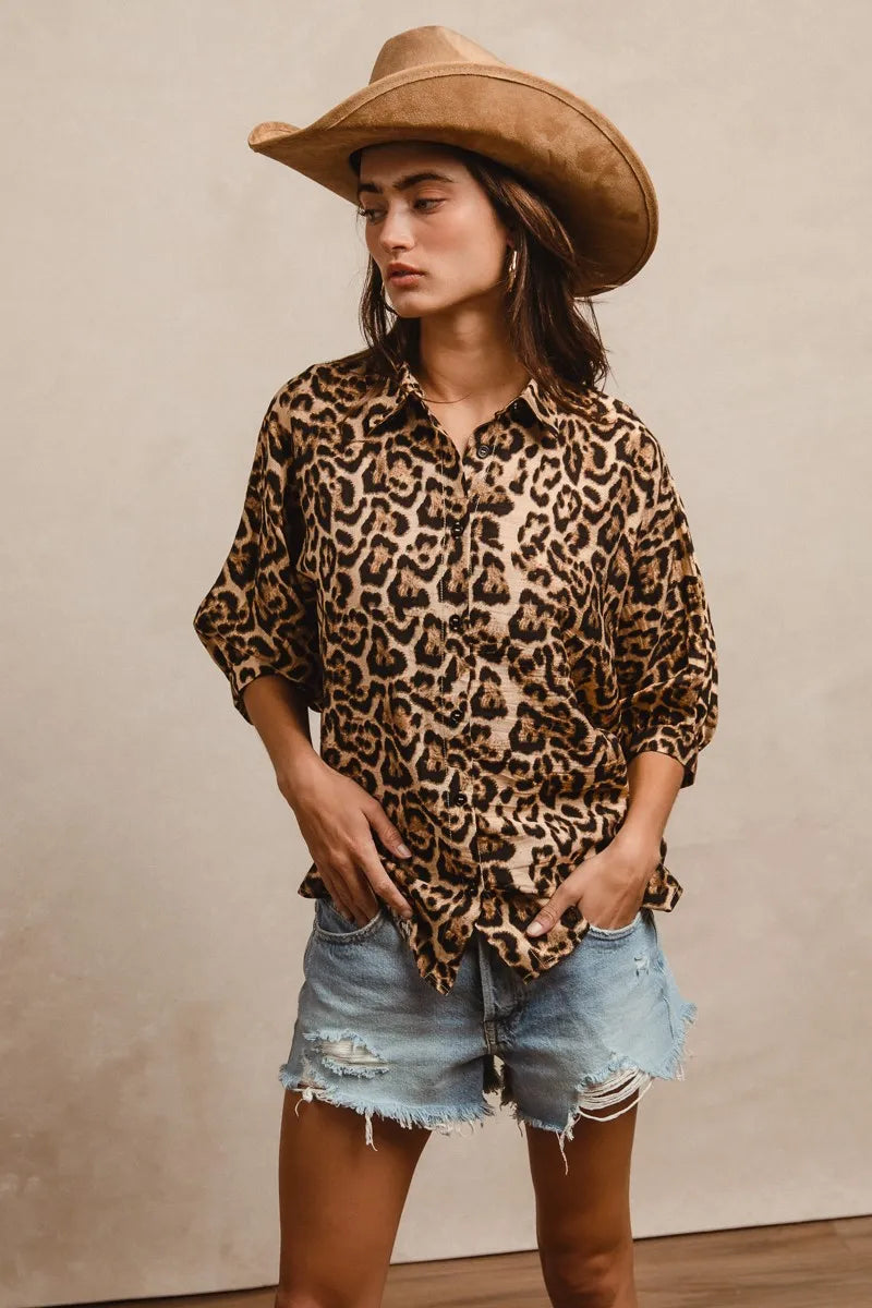 BiBi Leopard Print Button Up Oversized Short Sleeve Top LEOPARD
