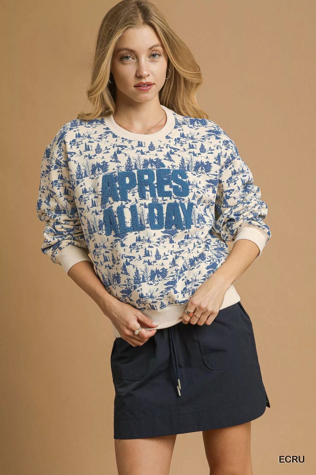 Umgee Ecru Scenic Print "Après All Day" Cropped Sweatshirt