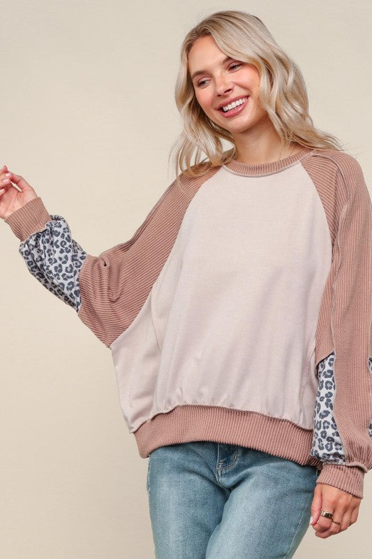 Haptics Taupe & Animal Print Oversized Dolman Colorblock Terry Top