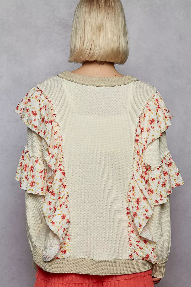 POL Powder Cream Round Neck Sweater with Floral Ruffle Detail
