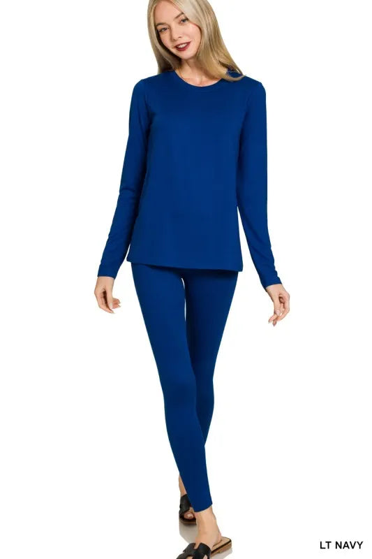 Zenana Light Navy Microfiber Round Neck Top and Leggings Set