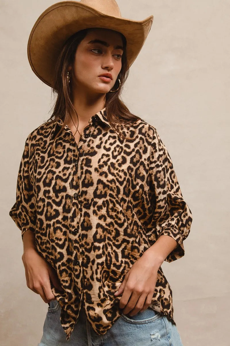 BiBi Leopard Print Button Up Oversized Short Sleeve Top