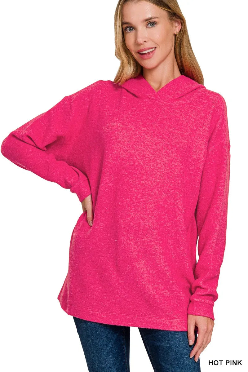 Zenana Hot Pink Hooded Brushed Melange Hacci Sweater HOT PINK