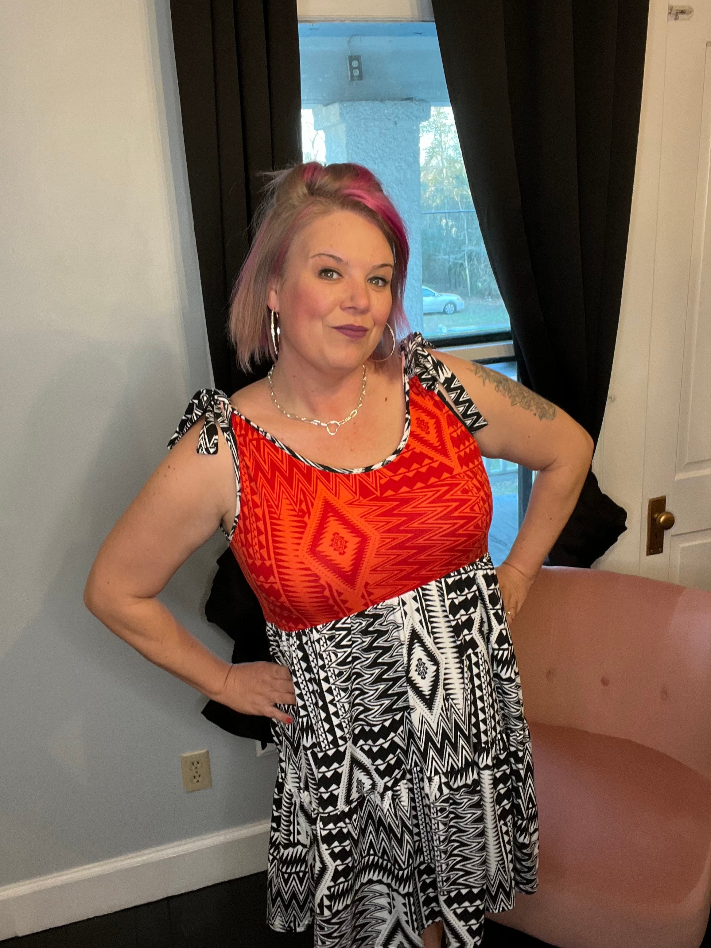 Haptics Red/Black Aztec Shoulder Tie Knot Tiered Dress Final Sale