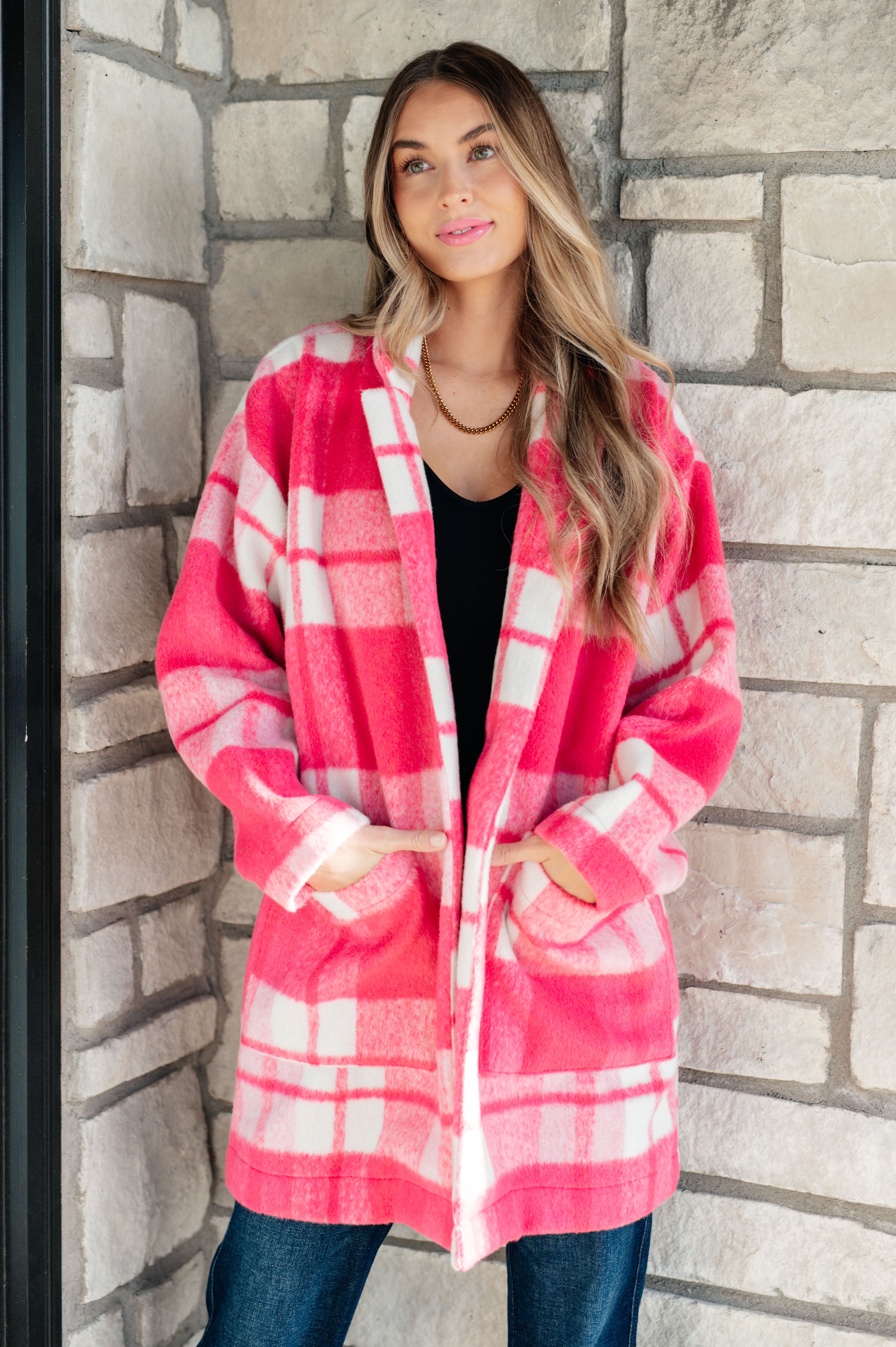 Davi & Dani Hot Pink Checker Plaid Open Front Drop Shoulder Longline Coat Coats & Jackets