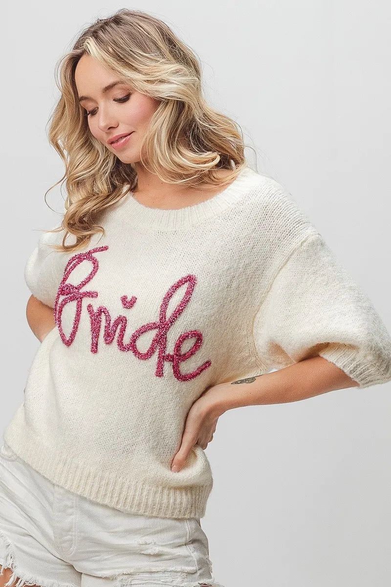 BiBi Ivory Bride Metallic Letter Short Puff Sleeve Hairy Sweater