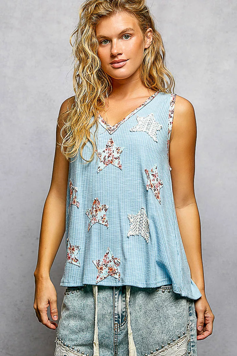 POL Powder Blue Washed Ribbed V-Neck Tank with Floral Print Star Patch POWDER BLUE