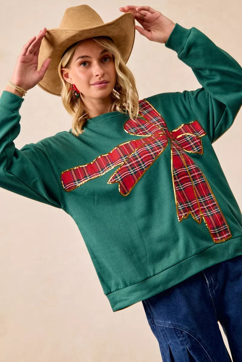 BiBi Plaid Ribbon Bow Detail Christmas Fleece Pullover – Green/Red Plaid