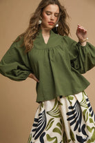 Umgee Olive Textured Notched Blouse with Balloon Sleeves OLIVE