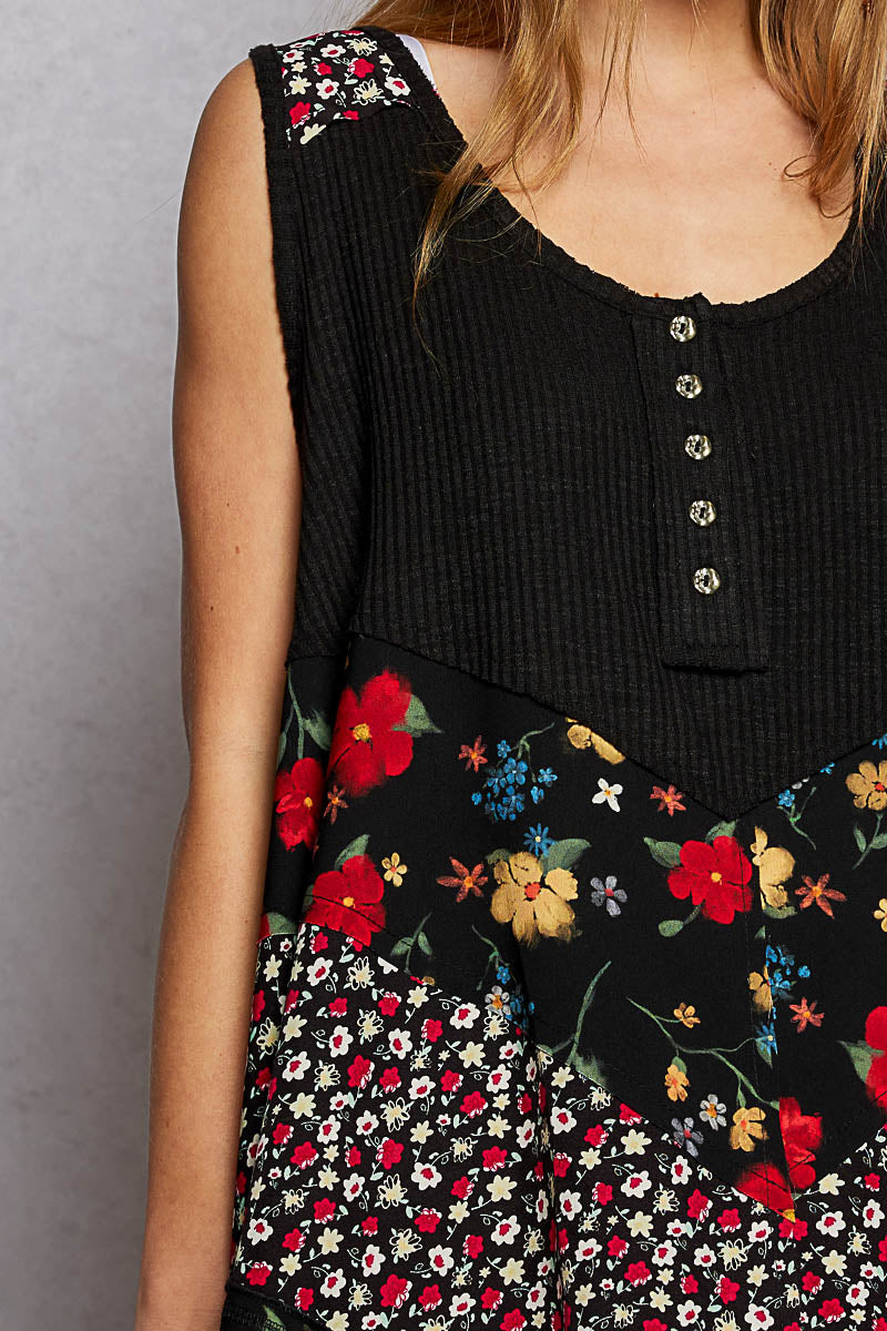 POL Black Round Neck Ribbed Tank with Woven Print Patch