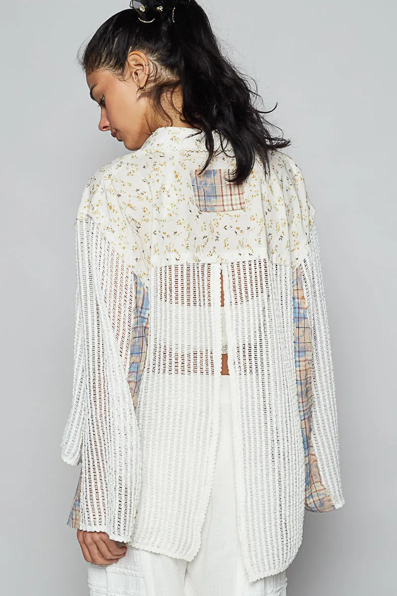 POL Ivory Floral Slit Back Plaid Patchwork Shirt