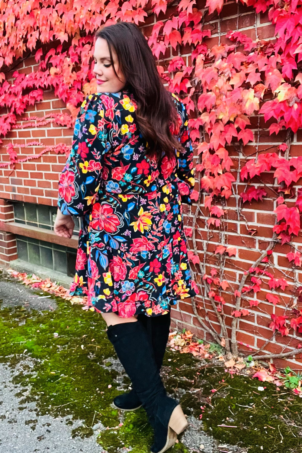 Haptics Lock Eyes Black Floral Sequin Print Ruffle Sleeve Frill Mock Neck Dress Dresses