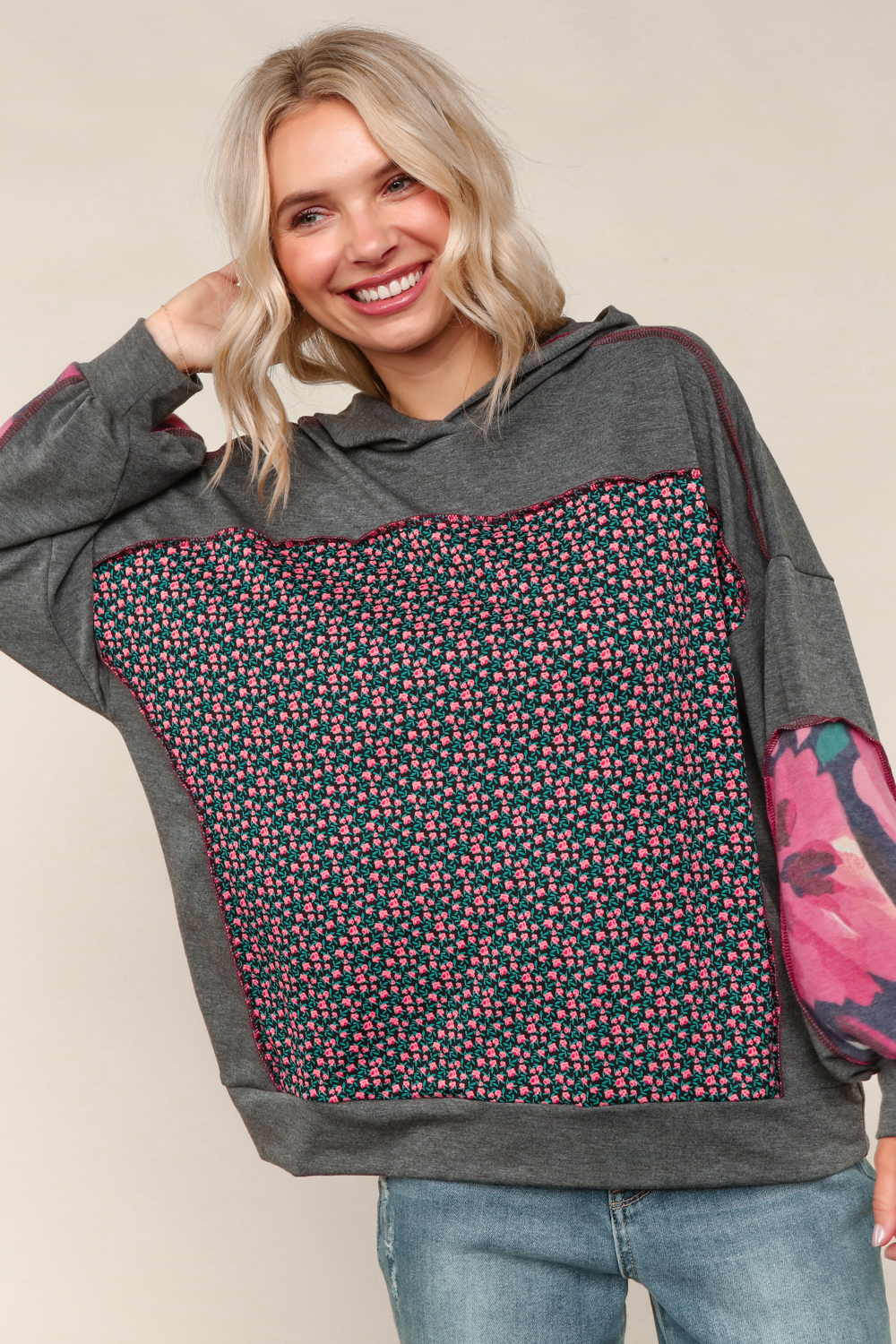 Haptics Charcoal Floral Color Block French Terry Hoodie