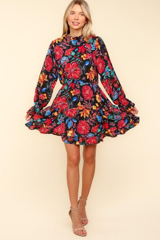 Haptics Lock Eyes Black Floral Sequin Print Ruffle Sleeve Frill Mock Neck Dress Dresses