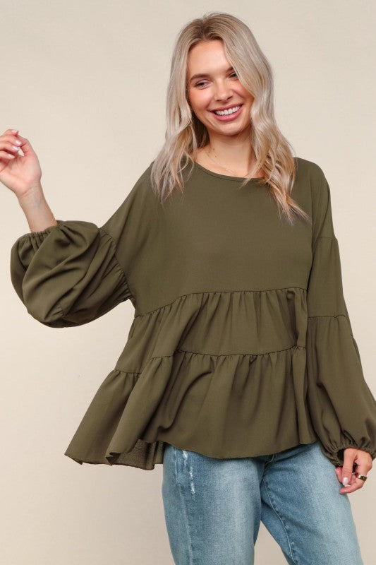 Haptics Olive Babydoll Oversized Tired Blouse
